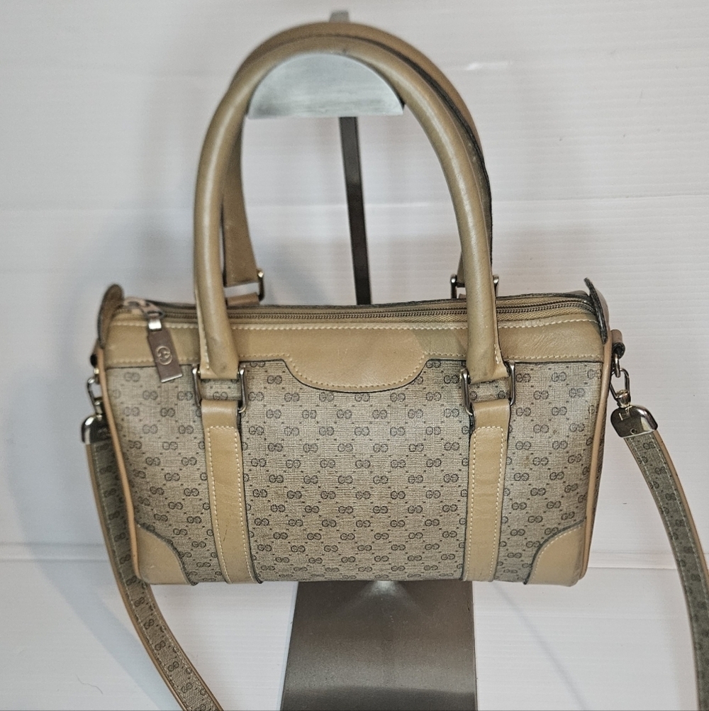 Vintage 70s Gucci Micro GG Satchel – Beige Canvas & Tan Leather RARE